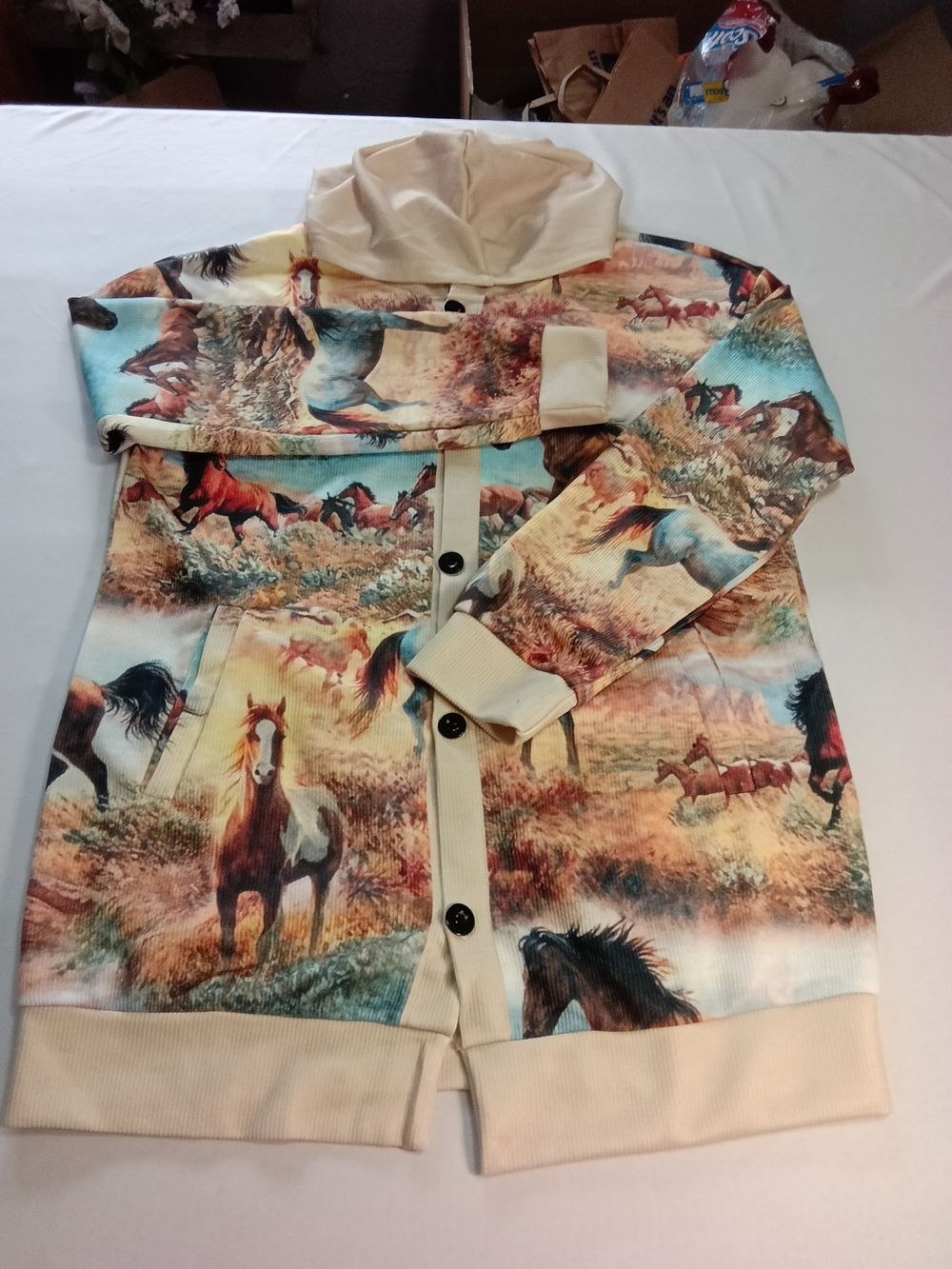 Women's Horse-Print Hooded Cardigan Sweatshirt - Cream